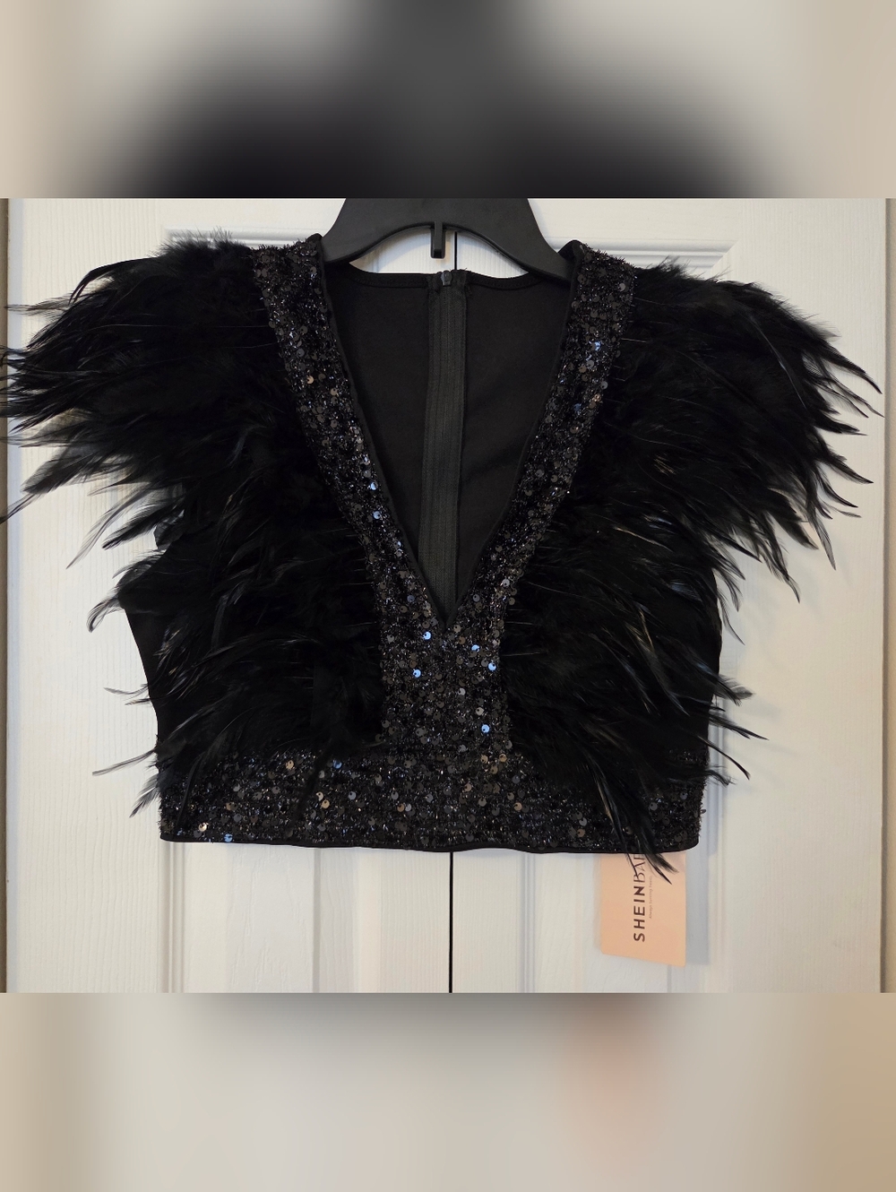 SHEIN Black Feathered Sequin Deep V Crop Top